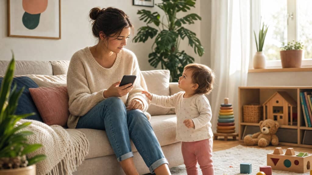 Mutter sitzt mit Smartphone im Wohnzimmer, während ein Kleinkind ihre Aufmerksamkeit sucht.